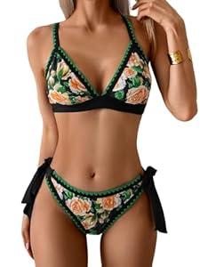 Aidonger Bikini Sets for Women Floral Two Piece Bathing Suit V Neck Shell Stitched Swimsuit Tie Side Triangle Swimwear, Medium (Green,Black) 