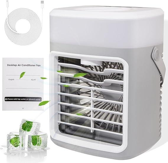 Rubtlamp Evaporative Air Cooler with 3 Speeds, 2-4H Timer Rechargeable Mini Air Conditioner,450ML Water & 7 Color Personal Air Conditioner Cooling Fan, Gray Air Cooler for Room Office Car Camping