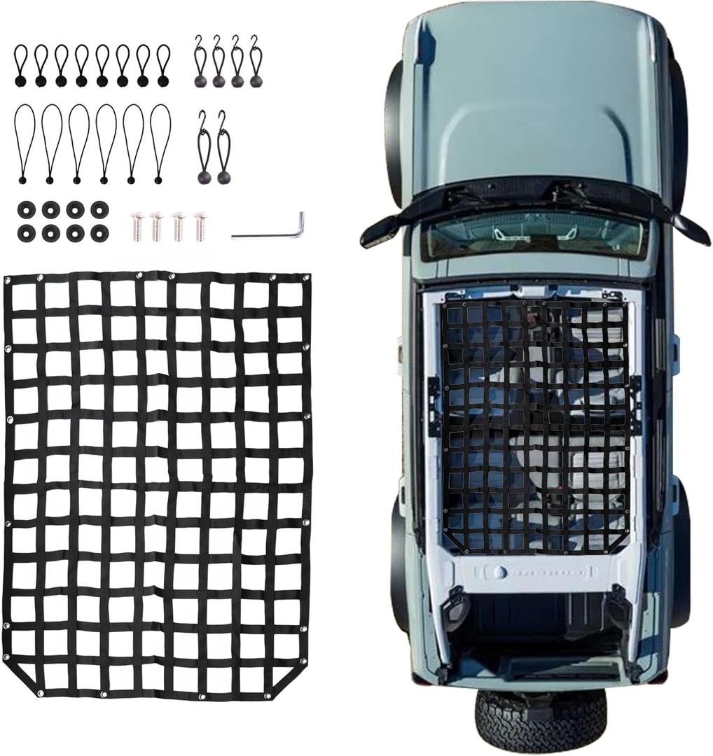 Roof Hammock Compatible with 2021 2022 2023 2024 2025 Ford Bronco 6th Gen. 4 Door Mesh Cargo Net Roof Bimini Top Hammock Exterior Decoration Accessories Hard Top Webbing Soft Top Netting Black