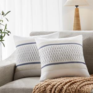 Soft Cotton Boho Throw Pillow Covers Set of 2, Natural White/Grid Blue 20x20 Inch, Blue Farmhouse Decorative Cushion Covers for Sofa Bed Living Room Home Decor
