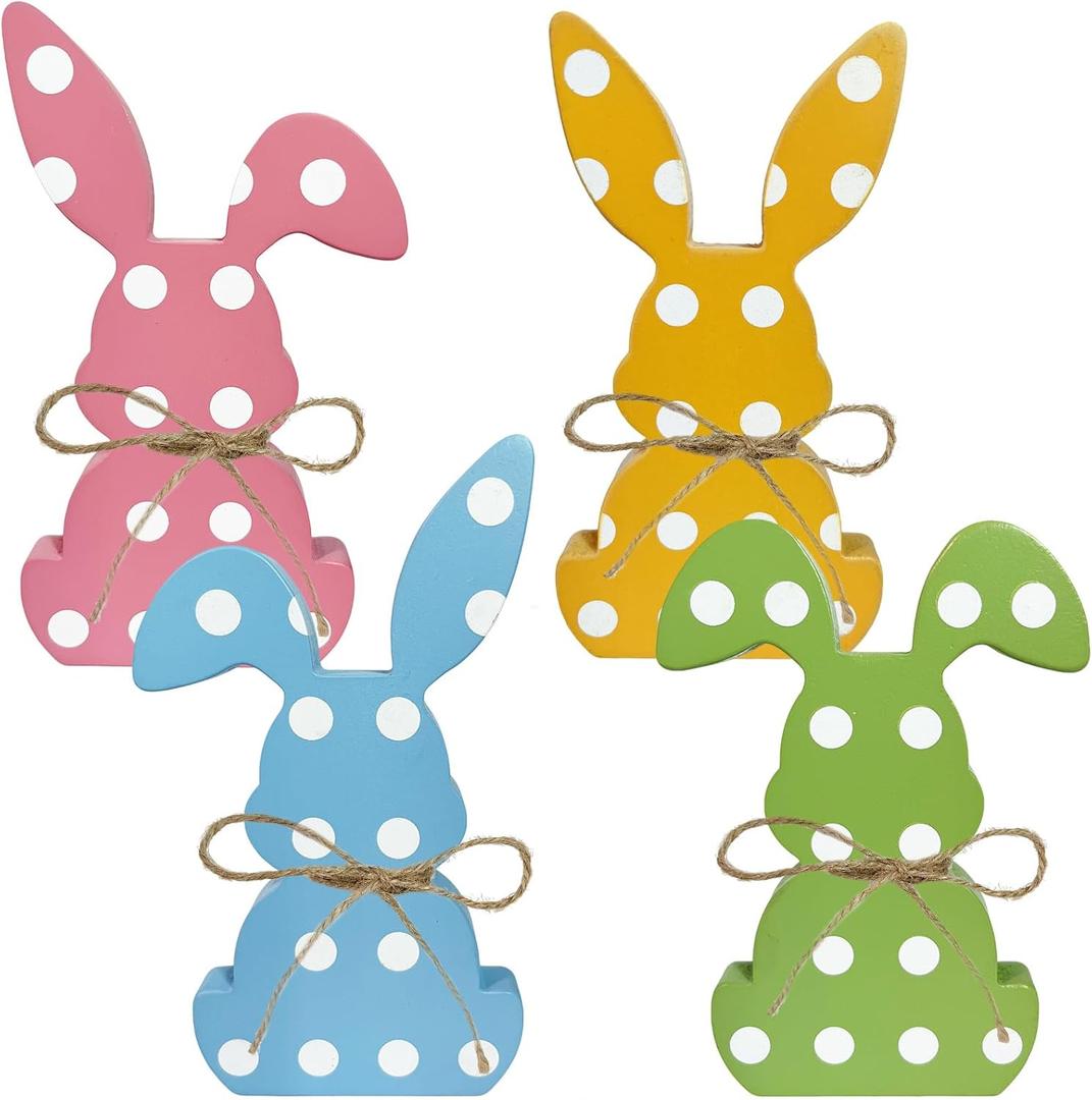 3 x 4 Pcs Pastel Wooden Easter Bunny Spring Table Decorations for Home - 6.3" Tall Colorful Cute Bunny Signs for Mantel Dining Room Tabletop Tiered Tray Decor
