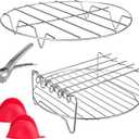 Honeydak 2 Pcs Air Fryer Rack Round Double Layer Air Fryer Accessories Set with Skewer Stainless Steel Multipurpose Cooking Steaming Skewer Rack Basket with 5 Skewers 2 Silicone Mitts 1 Bowl Clip