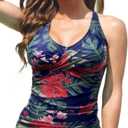 Fanuerg Tankini Top Only Twist Front Bathing Suit Tops for Women Tummy Control Tank Tops V Neck Swimsuit Top No Bottom Retro Floral XXL (Blue, XXL)