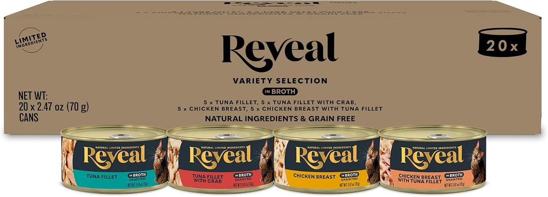 Reveal Natural Wet Canned Cat Food, 4-Flavor Variety Pack, Limited Ingredient, Grain Free, High Protein with No Artificial Additives, Fish and Chicken Variety in Broth (20 x 2.47 oz Cans) (EXP 11/09/27)