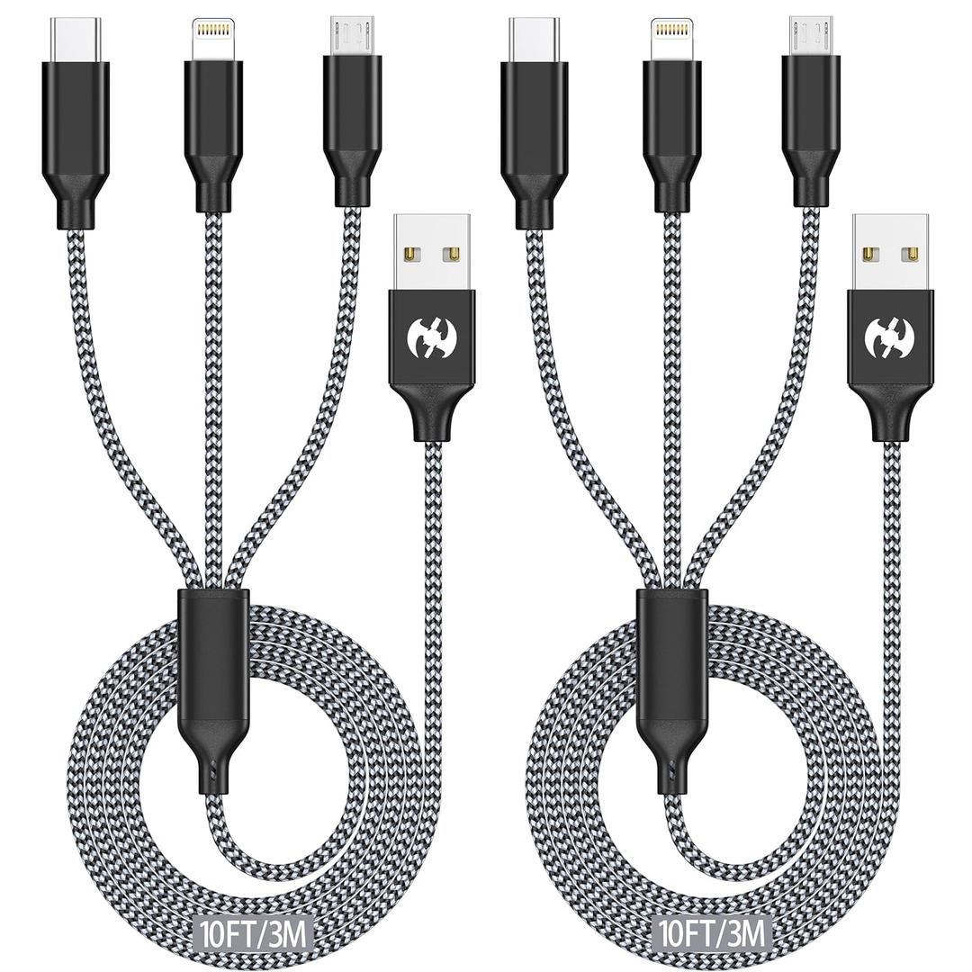 Multi Charging Cable 10ft 2Pack 3 in 1 Charger Cord, Long Multiple Rapid Nylon Braided Cable USB Charging Cable Multi Phone Charger Cord with Type C Micro Lightning USB Connectors for Cell Phones