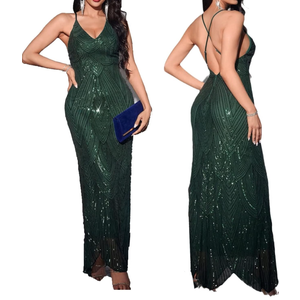 Women's V Neck Spaghetti Straps Sequin Sparkly Glitter Irregular Hem Prom Dress Backless Maxi Evening Gowns M