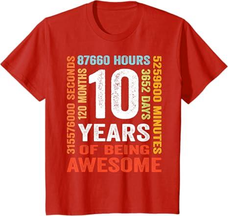 10 Years Old 10th Birthday Gift Vintage Retro 120 Months T-Shirt (Red, M)