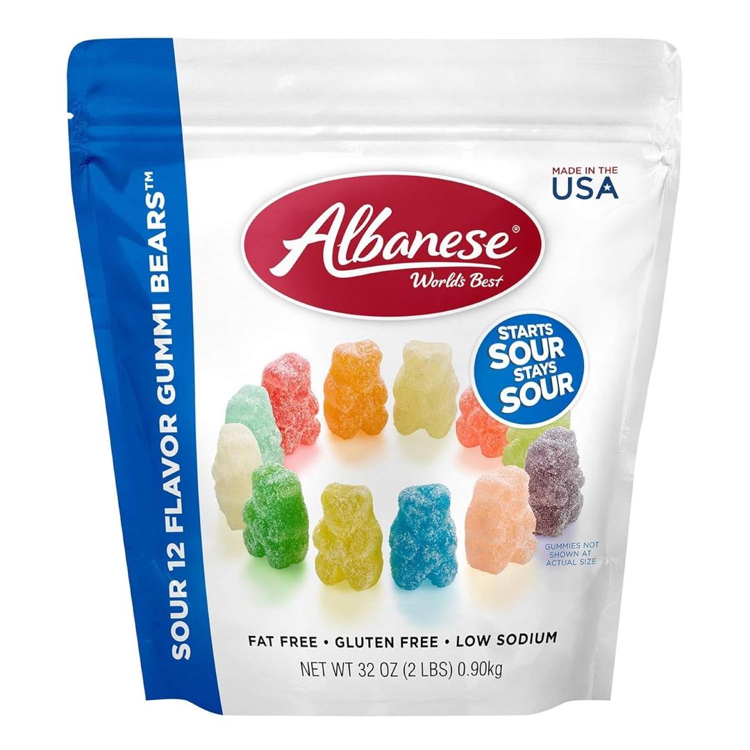 Albanese World's Best Sour 12 Flavor Gummi Bears | 32oz Bag of Candy | 12 Unique Super Sour Flavors, Gluten Free, Fat Free, Soft and Chewy Gummy Bears | Perfect Travel Snack (EXP 09/12/26)