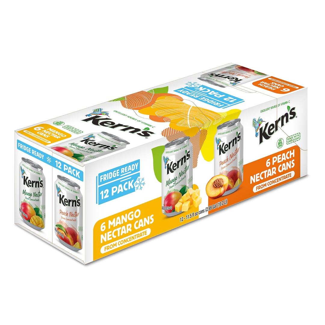 Kerns Tropical Fruit Nectar Juice Variety Pack - Mango Nectar & Peach Juice - Made from Fruit Puree for Smoothie Mix, Cocktail Mixers & Kids Drinks - 11.5oz, 12 Pack Canned Drinks (EXP 12/31/26)