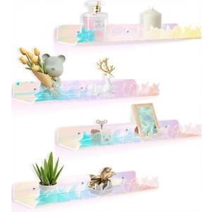 Floating Shelves for Wall,4 Pack 15.7x 3.5Adhesive Acrylic Shelves Organizer for Book Toy Photo Makeup,Wall-Mounted Kids Storage for Bathroom,Bedroom,Nursery, Iridescent Star And Moon