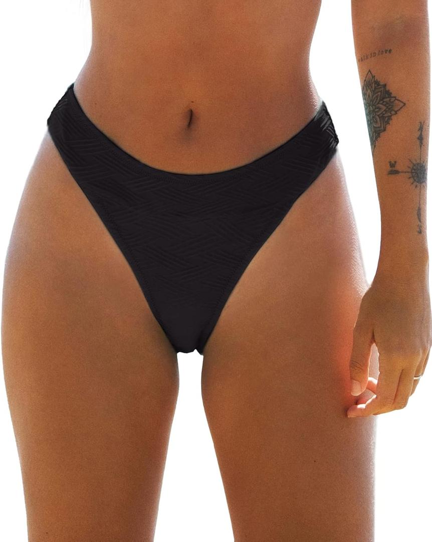 CUPSHE Women's Bikini Bottom High Cut Mid Waist Cheeky Bathing Suit (Black)