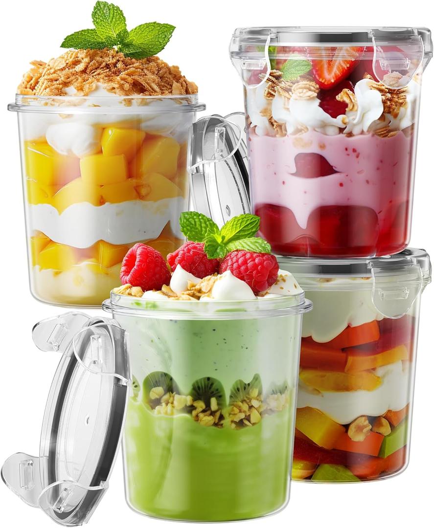 Overnight Oats Containers with Lids, 4 Pack 13oz Overnight Oats Jars, Plastic Mason Jars, BPA Free, Portable, Leak Proof Oatmeal Containers for Yogurt, Soup, Cereal, Milk and Salad