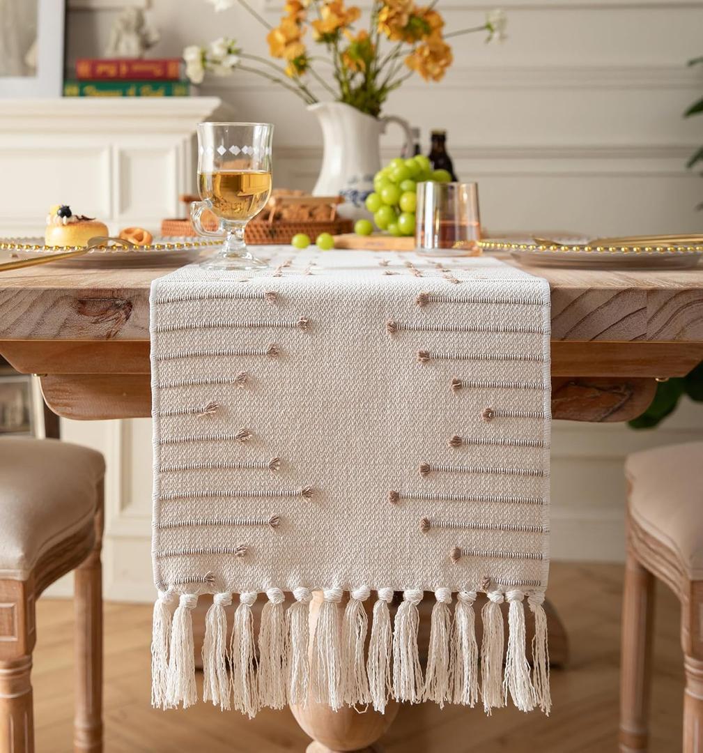 Boho Table Runner 13 x 90 Inch Long Natural Cotton Woven Runner with Tassels for Home Dining Table dcor, for Modern Farmhouse Decor Coffee Table Runner, Taupe and Beige