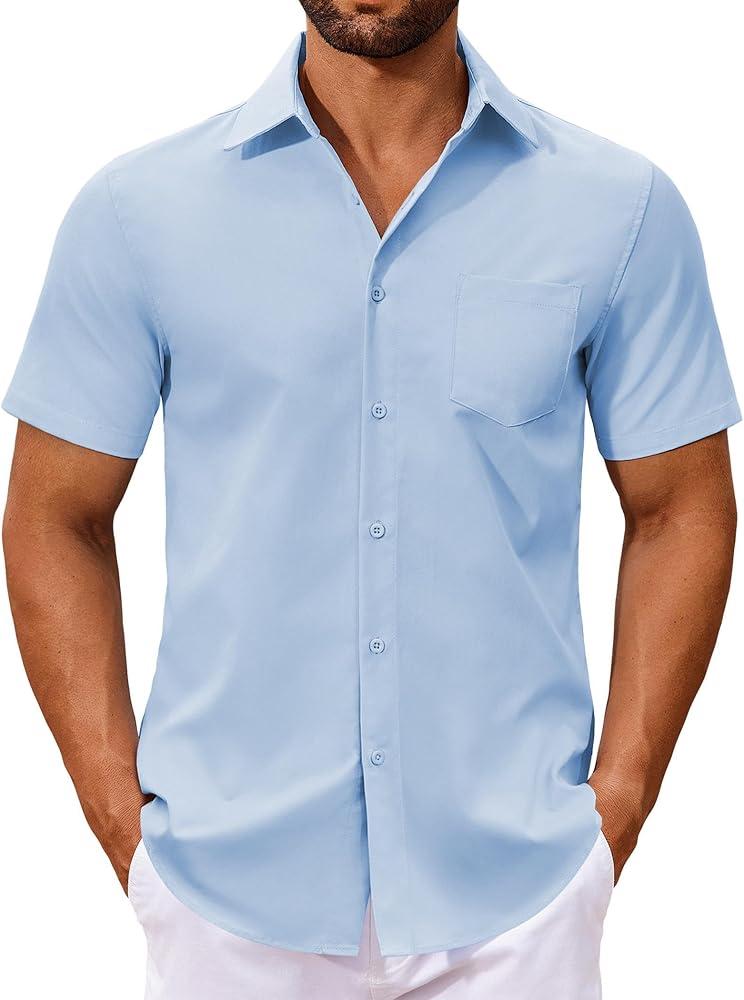 COOFANDY Men's Casual Short Sleeve Button Down Shirts Untucked Dress Shirts Wrinkle Free Summer Wedding Shirts Solid (Blue, M)