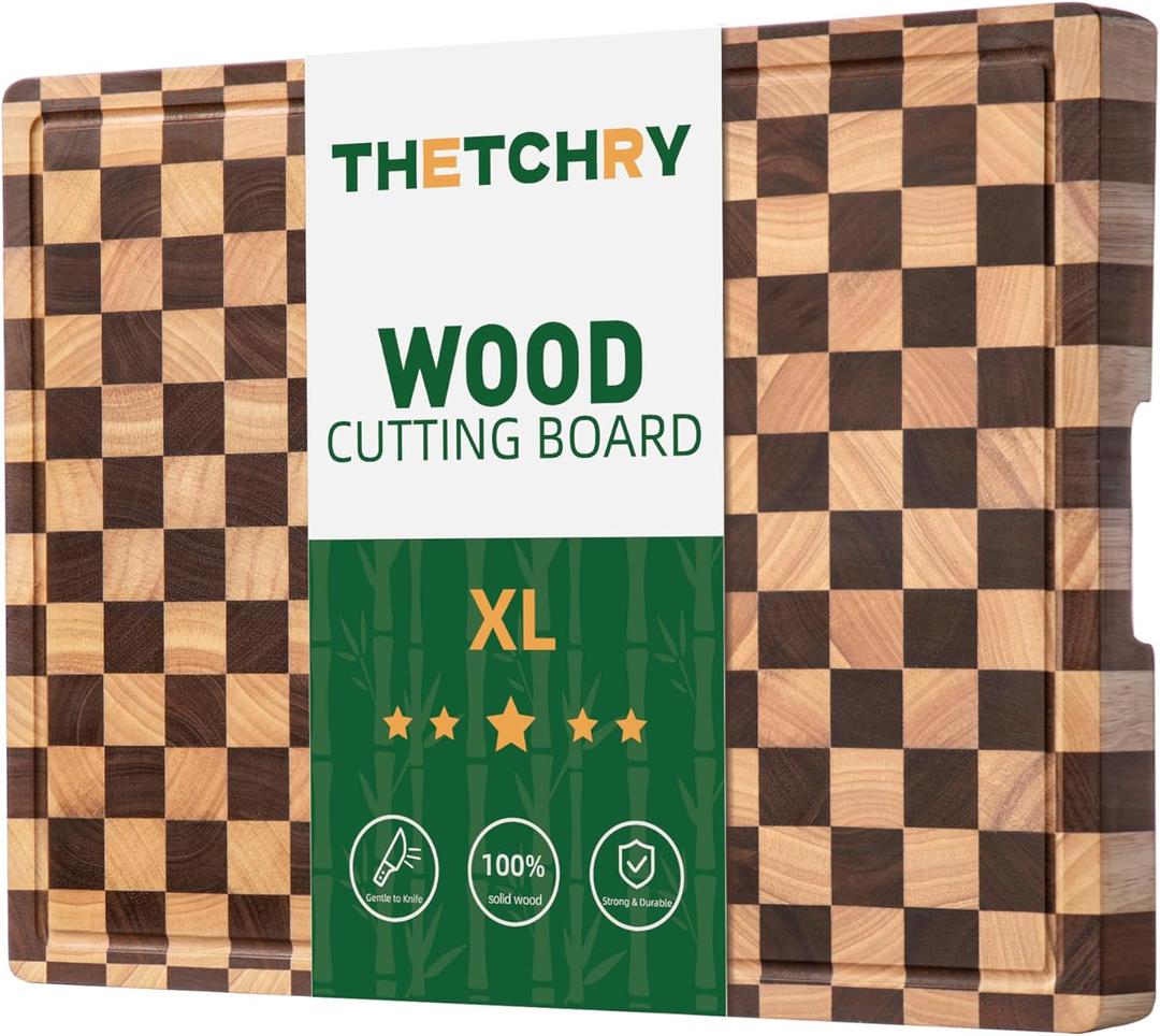Cutting Boards for Kitchen, Extra Large Chopping Board for Stovetop, Checkered Acacia Wood Cutting Board with Juice Grooves, Butcher Block with Gift Box, 20" x 15" x 1"