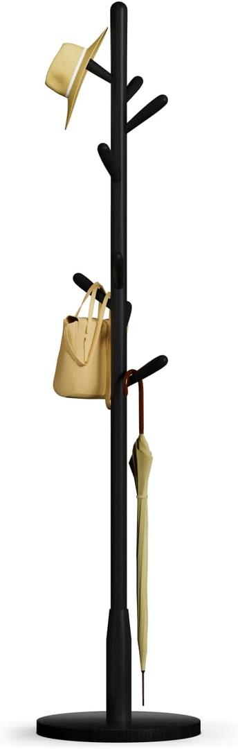 Solid Wood Round Base Coat Rack, Free Standing Hall Coat Tree with 8 Hooks+2 spare for Coats, Hats, Bags, Purses, for Entryway, Hallway, Rubberwood Hooks,Base and Pole(Round Base,Black)