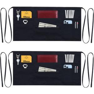 7 Pockets Server Aprons with Zipper Pocket (2 Pack) - Aprons for Women Men - Waiter Waitress Waist Half Apron 24x12 (Black)