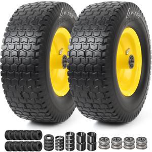 AR-PRO (2 Pack) 13x5.00-6 Flat Free Front Tire and Wheel Assembly, Solid Riding Lawn Mower Wheels, 3"-6" Offset Hub (Adjustable), 3/4"&5/8"&1/2" Bearing, 400 lb Load (Yellow)