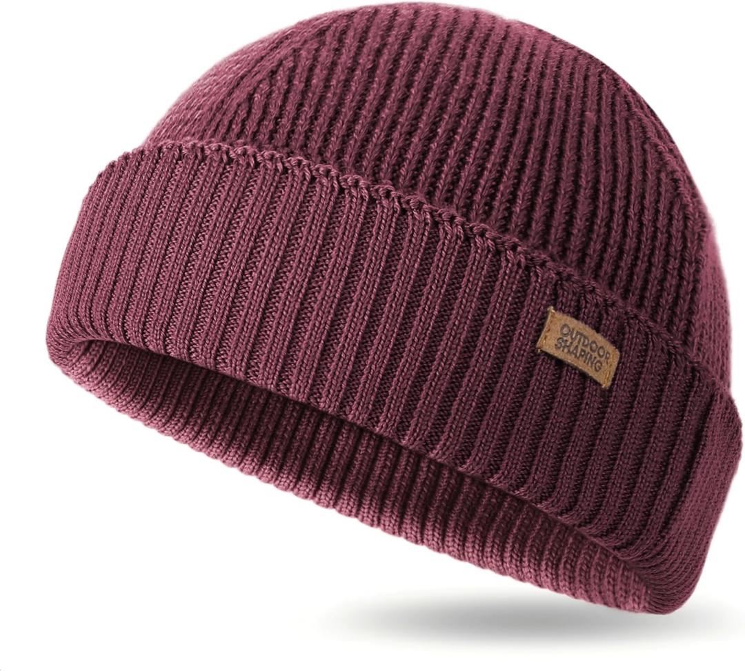 OUTDOOR SHAPING Merino Wool Short Fisherman Beanies for Men Women, Knit Cuff Trawler Beanie Cap, Winter Warm Daily Hat (One Size, Burgundy)