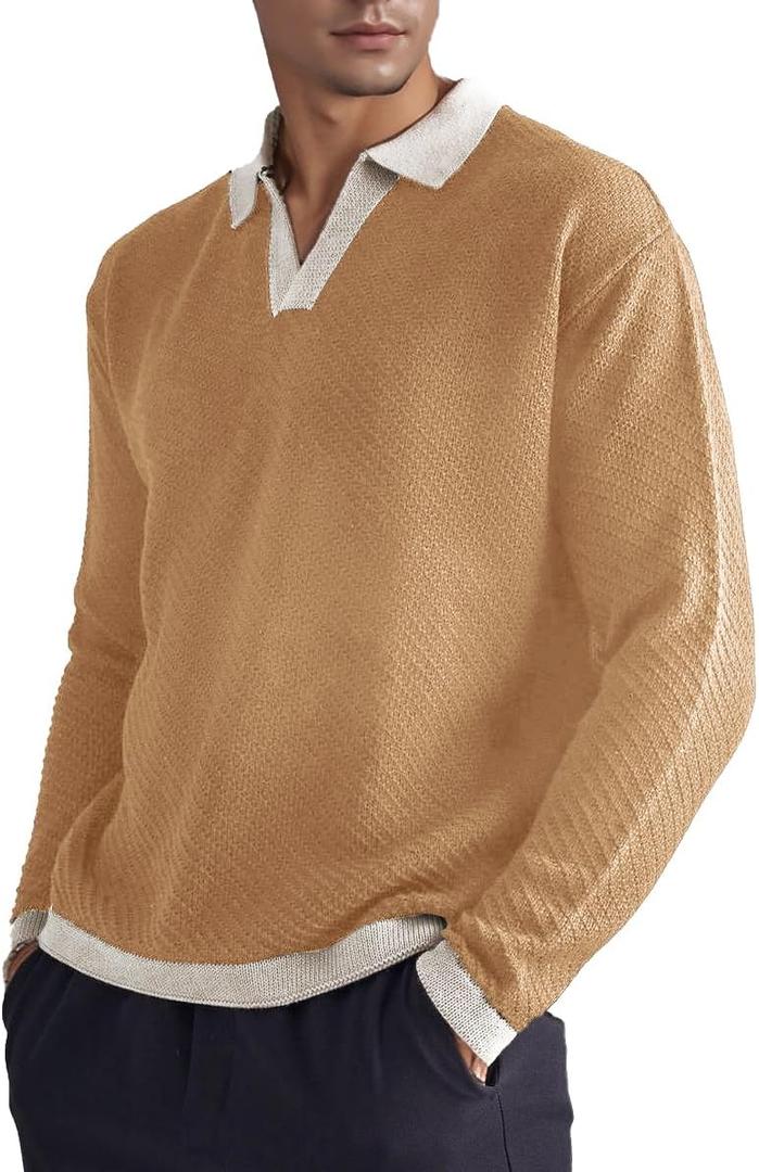 BAYAMO Mens Polo Sweater V Neck Long Sleeve Pullover Sweater Casual Knit Textured Sweater (3X-Large, Khaki)