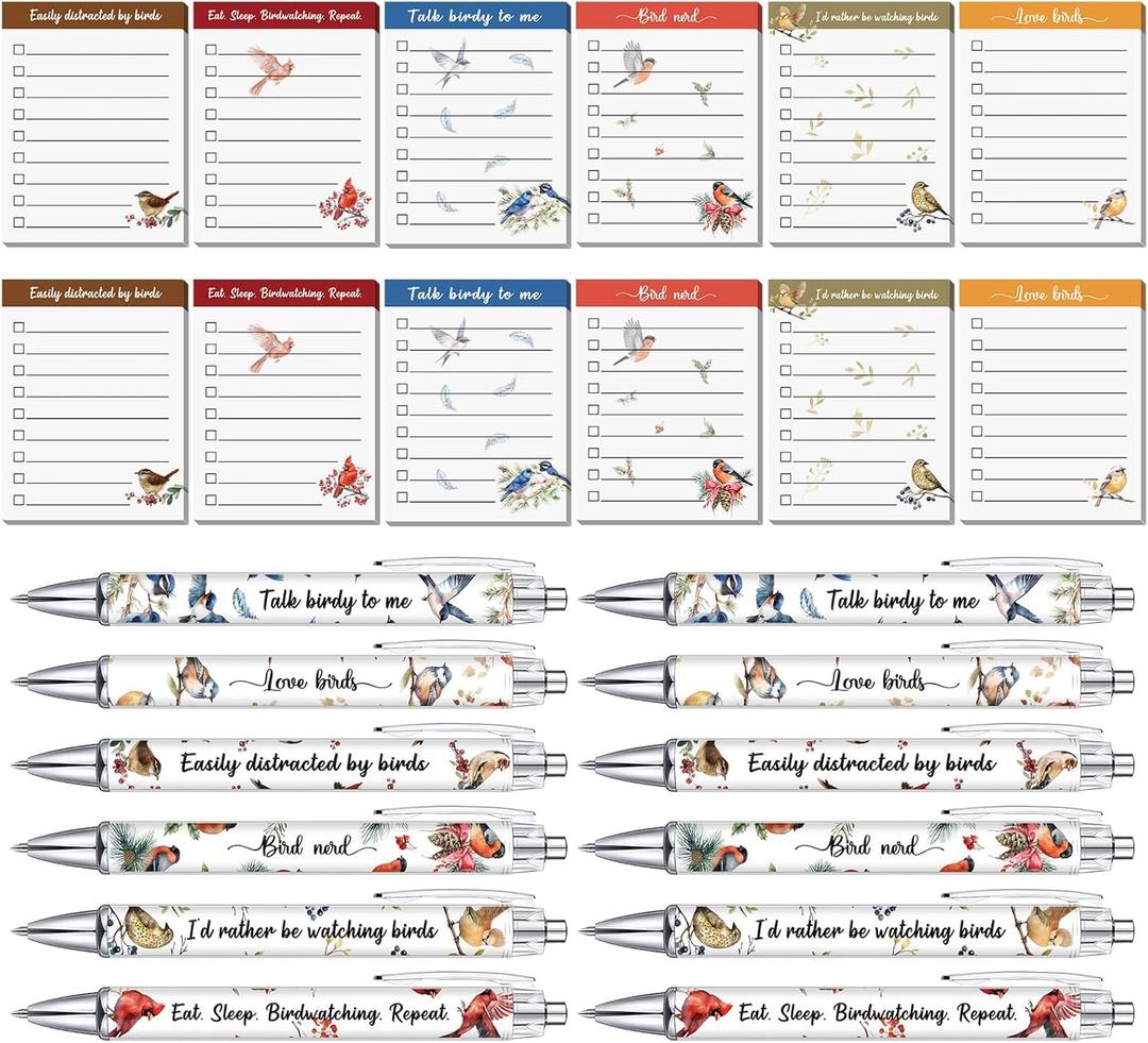 24 Pcs Christmas Bird Lover Gifts Set Include Birds Pens and Sticky Notes with Cute Birds Patterns Funny Gift for Bird Watchers Lovers Christmas Birthday