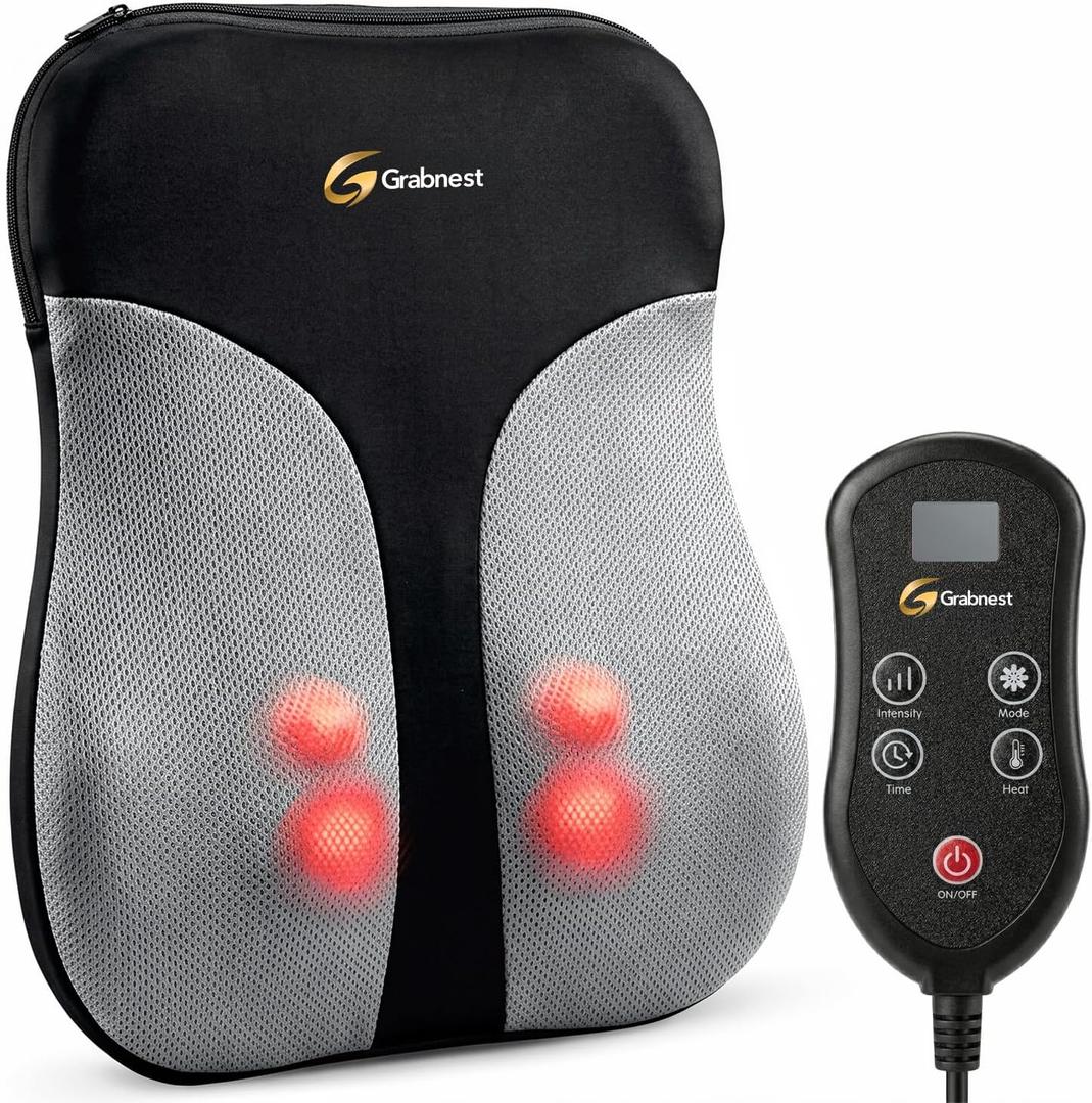Shiatsu Back Massager with Heat for Chair & Car, Electric Deep Tissue Massage Cushion, Adjustable Heat, Rolling & Kneading Mid & Lower Back Massager for Home, Office & Driving