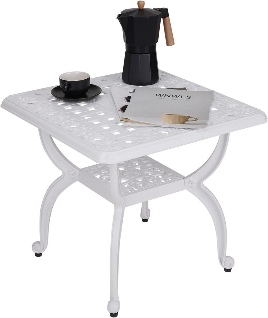 JARDIN DE CENTENNIAL Cast Aluminum Outdoor Side Table,Anti-Rust Outdoor End Table,Patio Coffee Bistro Table for Indoor,Garden,Porch,Balcony(Square White)