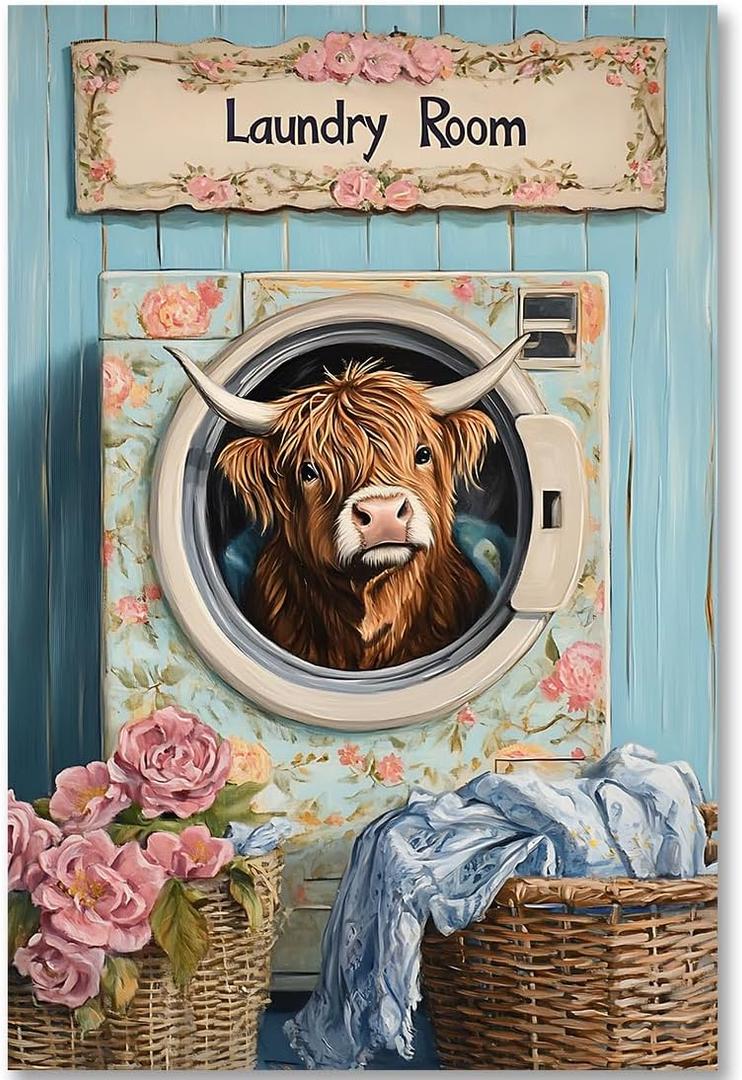 Highland Cow Laundry Room Canvas Wall Art,Funny Bathroom Pictures Wall Decor Rustic Laundry Sign Canvas Print Poster,Modern Home Artwork Decorations for Hotel Laundromat,16"x24" Unframed