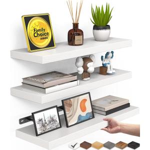 BAYKA White Floating Shelves for Wall Set of 3, Rustic Wood Wall Shelves with Metal Brackets for Bathroom, Bedroom, Kitchen, or Living Room Decor Organization, Sturdy Storage with 22lb Capacity, 15.7inches