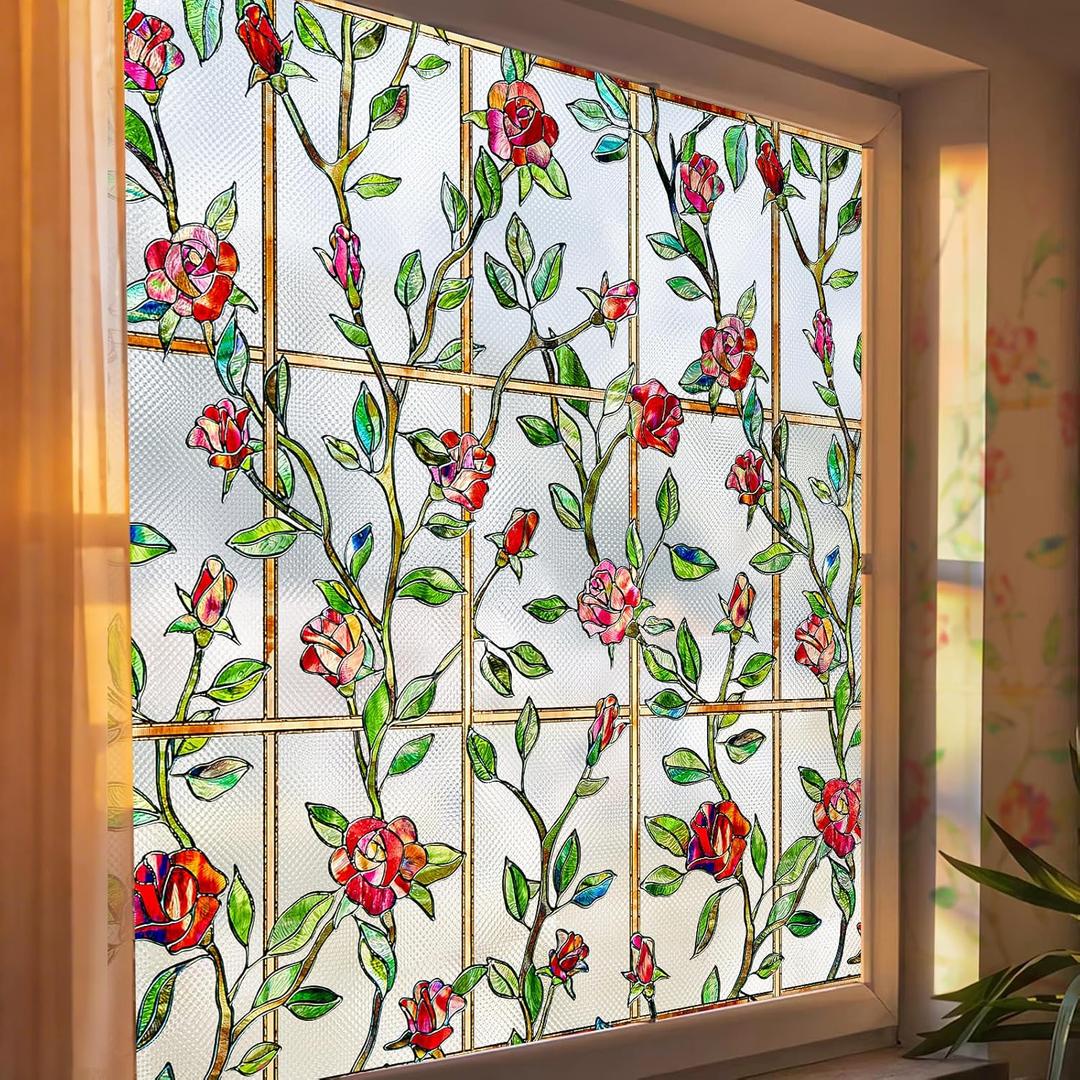 Windimiley Stained Glass Window Privacy Film: 3D Rose Floral Decorative Frosted Static Cling Bathroom Heat Control Sun Blocking Window Sticker Non Adhesive Door Covering, (16.9 x 39.4 in, Red) (16.9 x 39.4 in)