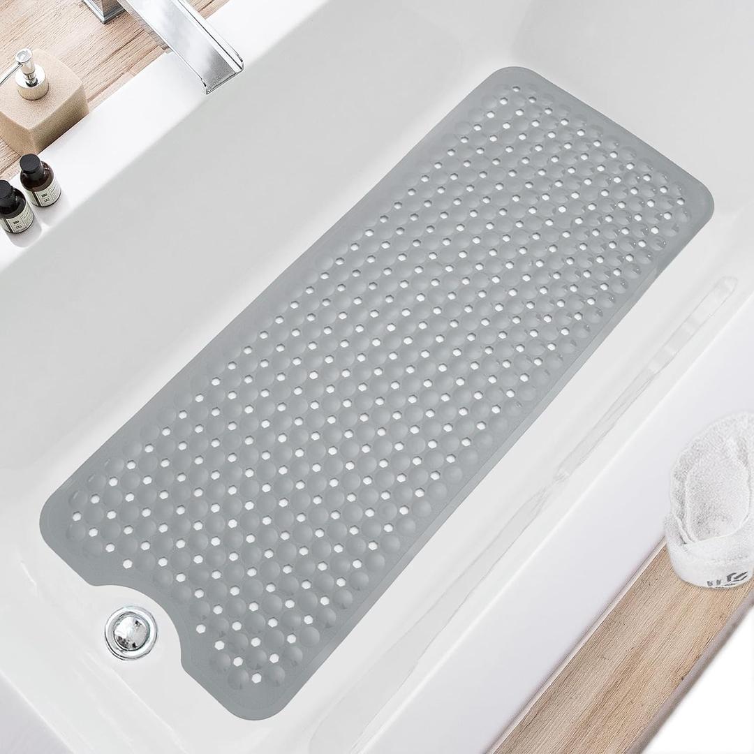 Bath Tub and Shower Mats, Non Slip 40 x 16 Inch Extra Large Bathtub Mat, Machine Washable Bathmat with Drain Holes, Suction Cups for Bathroom Floor, Gray (Gray)
