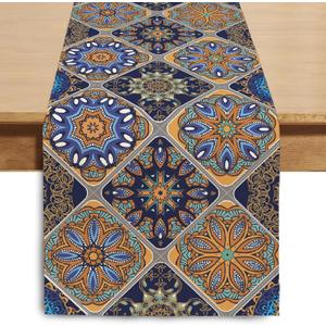 Boho Bohemian Table Runner 90 Inches Long, Vintage Seasonal Blue Table Runners for Party Kitchen Dining Coffee Table Bedroom Dressers Indoor Outdoor, Machine Washable (Bohemian C, 13” x 90”)