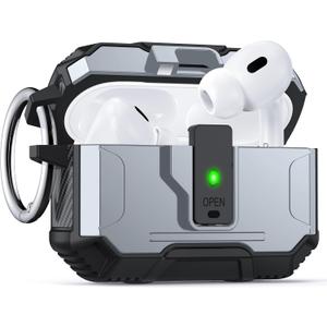 for AirPods Pro 2 Case Cover [Safety Lock] [Magnetic One-Click Open] [Military Shockproof Armor] Double Rugged Outdoor Wireless Charging Case for AirPods Pro 2nd Generation with Keychain, Silver