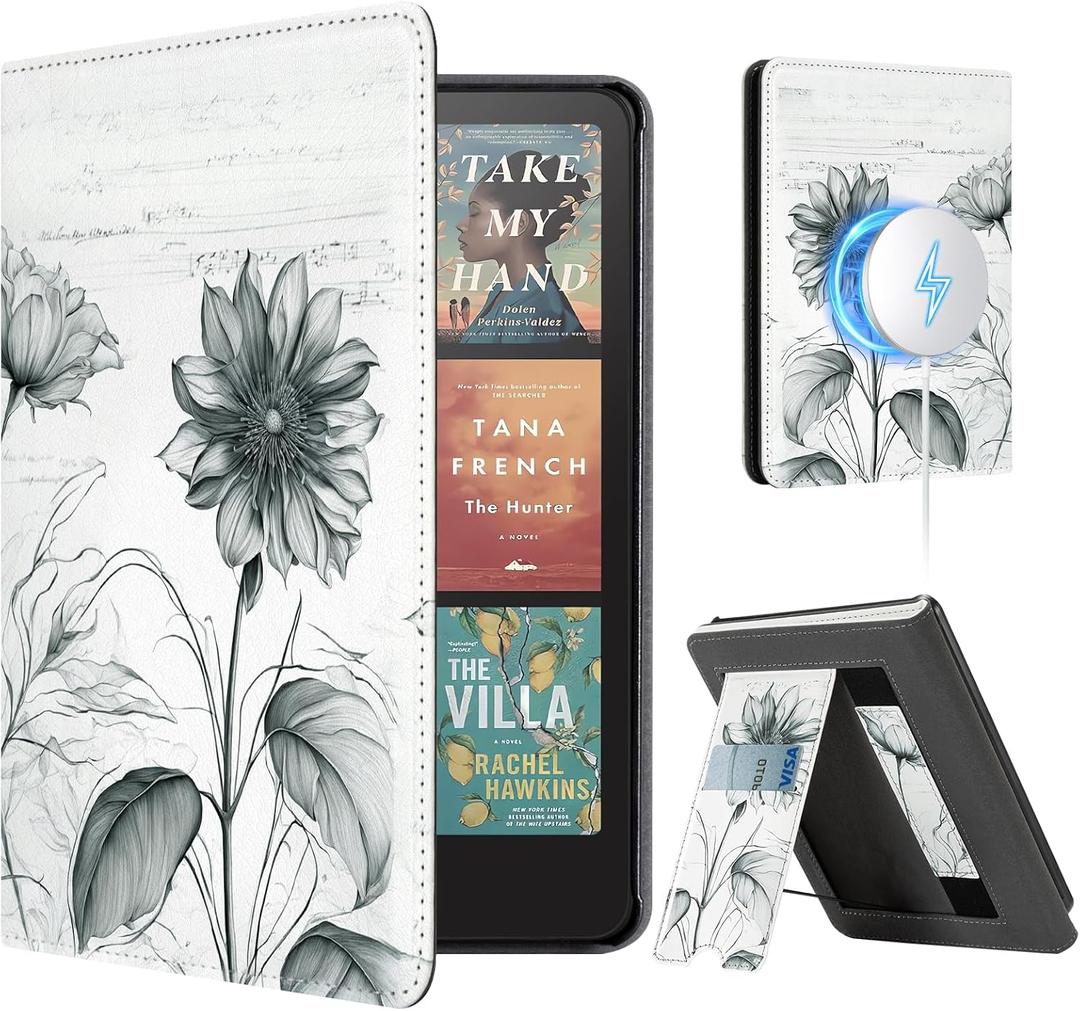 CoBak Stand Case for 7" Kindle Paperwhite 12th Gen 2024 and Kindle Colorsoft with Hand Strap - Compatible with iPhone MagSafe, for Samsung/Belkin/Anker Wireless Charging Pads, Durable, Auto Sleep Wake (Sketch Sunflower)