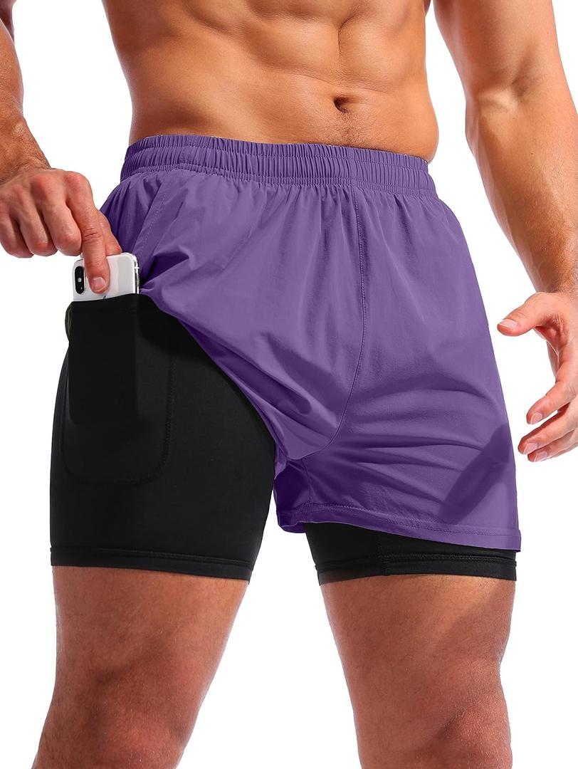 Pudolla Men’s 2 in 1 Running Shorts 5" Quick Dry Gym Athletic Workout Shorts for Men with Phone Pockets XS