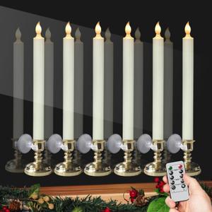 DRomance Flameless Window Candles with Remote and Timer, Battery Operated LED Taper Candles with Suction Cups Set of 6 Christmas Window Candle Holiday Decor(Gold Holders)