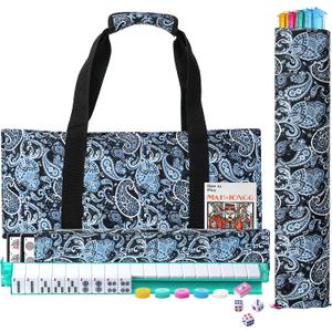 American Mahjong Tile Set - 166 Quality White Tiles & 4 All-in-One Mahjong Racks with Pushers, Travel Vita Mahjong Game Set Complete with Carrying Bag for Beginners & Experts