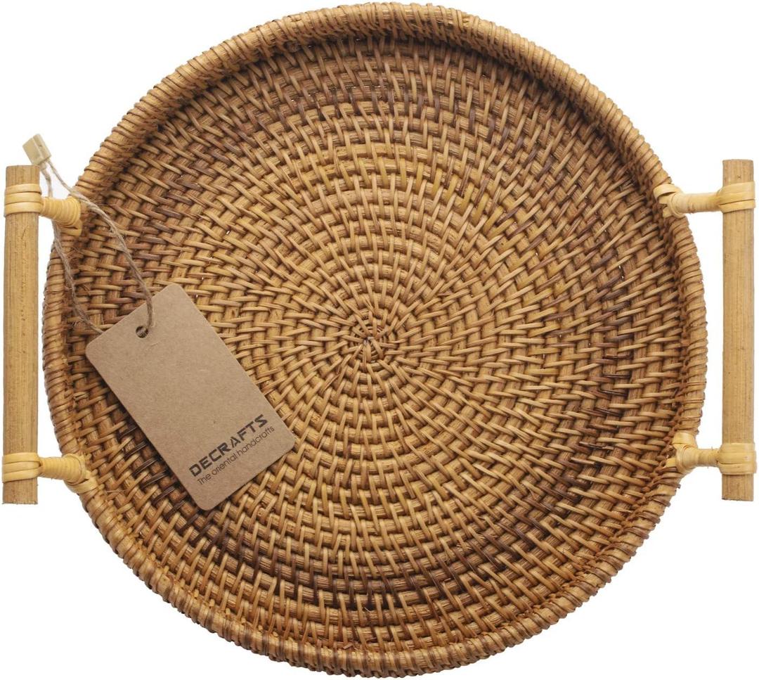 DECRAFTS Round Rattan Tray Woven Bread Basket with Handles Small Cracker Tray for Serving Dinner Parties Coffee Table Tea (Natural 11 inches Diameter)
