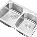 CozyBlock 33 Inch 60/40 Split Bowl Topmount Drop-In 18-Gauge Stainless Steel Kitchen Sink w/ 3 Faucet Holes (Sink Only)