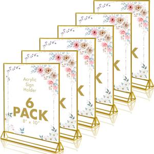 Blcculi 6 Pack Acrylic Sign Holder, 8X10 Double Sided Gold Frames Clear Picture Frames Vertical Stand, Table Menu Holders Display Stand, Flyer Holder for Wedding Reception, Home, Party, Offices