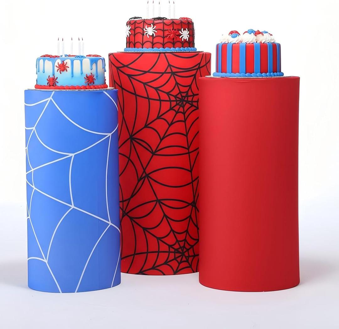 Set of 3 Spider Themed Spandex Cylinder Stand Covers for Carnival Party, Red Blue Cylinder Pedestal Cover, Dessert Table Display for Birthday Baby Shower Backdrop Decor(Spider)
