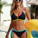 Fayenne Womens Bikini Sets Color Block Metal Ring Cutout Two Piece Swimsuit V Neck Crisscross Tie Back Cheeky Bathing Suit (Black, L)