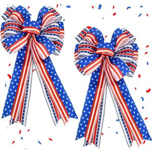 TONIFUL 2 PCS Large 4th of July American Flag Patriotic Bow, Red White Blue Stripe Star Wreath Bow for Independence Day Memorial Day, Front Door Decor