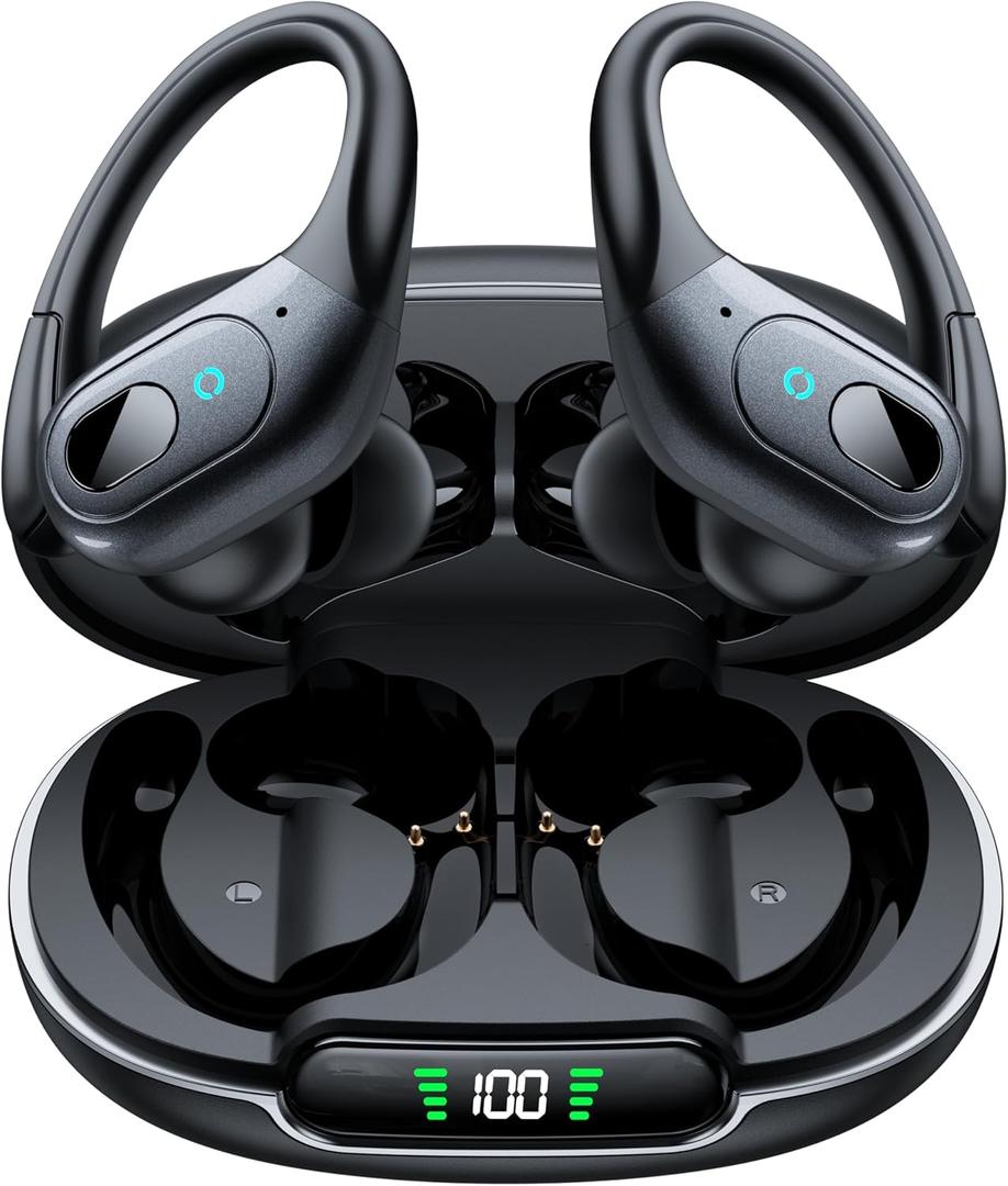 occiam Active Noise Cancelling Earbuds Wireless Bluetooth Headphones Ear Buds 90Hrs Playback Stereo Bass Earphones with Mic Over-Ear Hooks IPX7 Waterproof Headset for Work Sports Running Matte Black