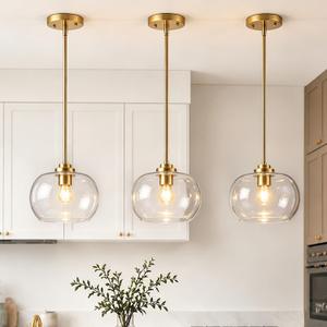 3 Pcs Gold Pendant Lights Kitchen Island 8.7in Clear Glass Shade, 8.7x8.7x5.1 inch
