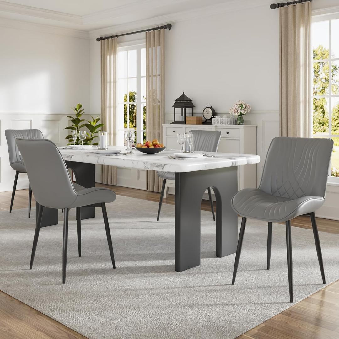 VECELO Dining Chairs Set of 4, Modern Upholstered Faux Leather Cushion Seat and Metal Legs for Kitchen, Living Room, Grey