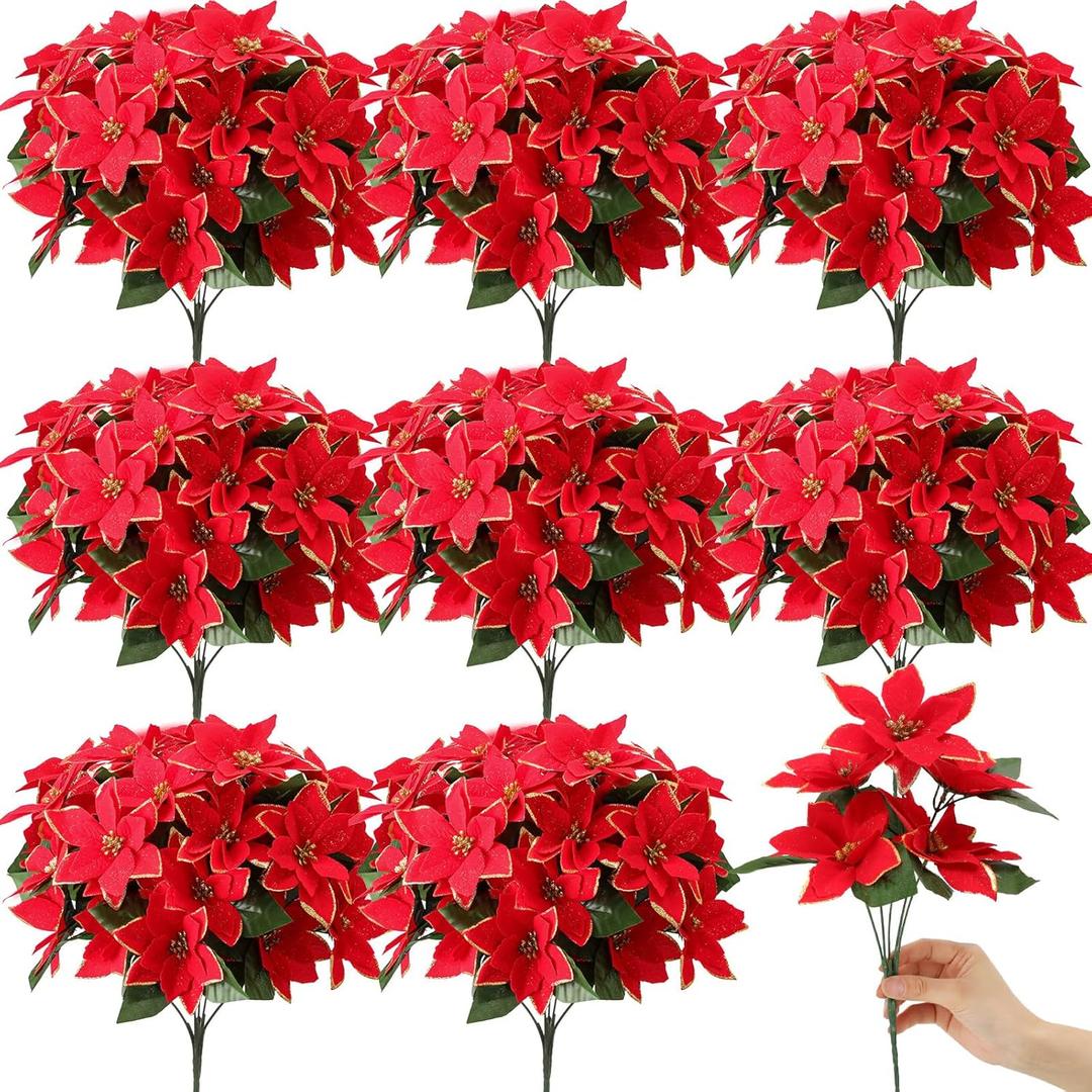 Hotop 8 Bundles Christmas Glitter Poinsettia Artificial Bushes 12.6 Inch Poinsettia Flowers Bushes Christmas Decorations Ornaments for Indoor Outdoor (Red with Gold Edge)