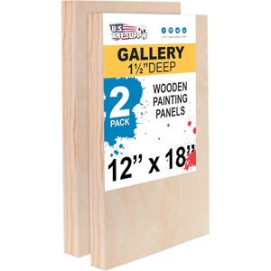 U.S. Art Supply Unfinished Cradled Wood Panels for Painting, 2 Pack of 12x18 inch - Gallery Birch Wooden Canvas Boards 1-1/2" Deep - Mixed-Media Craft, Acrylic, Oil, Encaustic, Paint Pouring