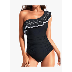 Tempt Me Women One Piece Swimsuits Tummy Control One Shoulder Bathing Suits Ruffle Swimwear, Medium