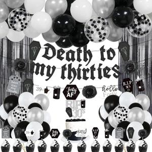 40th Birthday Decorations for Men Women, Death to My 30s Birthday Decorations, Death To My Thirties Banner Black Confetti Balloon,Cake Topper,Fringe Curtain, RIP To My 30s 40th Birthday Party Supplies